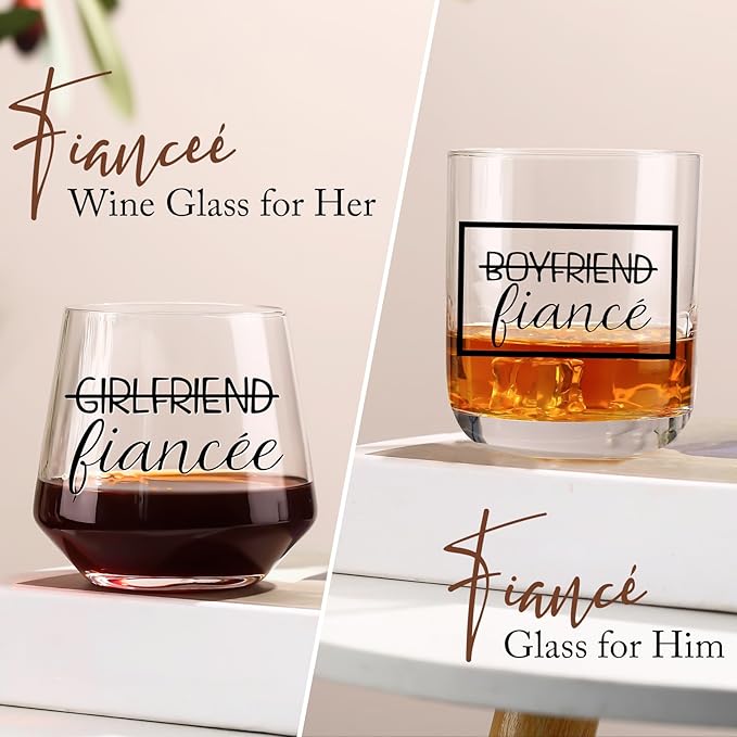 Christmas Engagement Gifts for Newly Couples - Fiance Fiancee Gifts, Boyfriend & Girlfriend Wine and Whiskey Glass Set, Wedding Gift for bride and groom, Future Mr and Mrs Just Engaged Gift