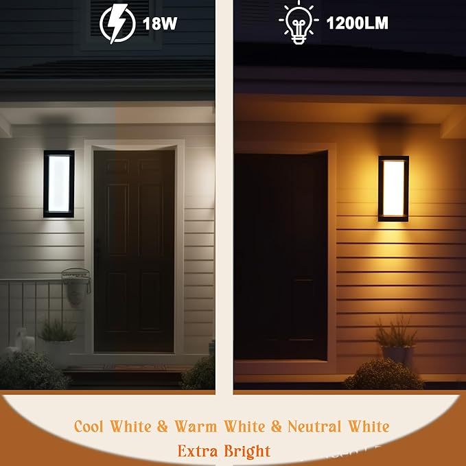 Modern Outdoor Wall Lights 2Pack, LED Rectangle 18W Bright Warm to Cool Tunable White Exterior Lighting Fixtures, Waterproof Outdoor Lights for House,Porch,Garage (Rectangle-CCT)