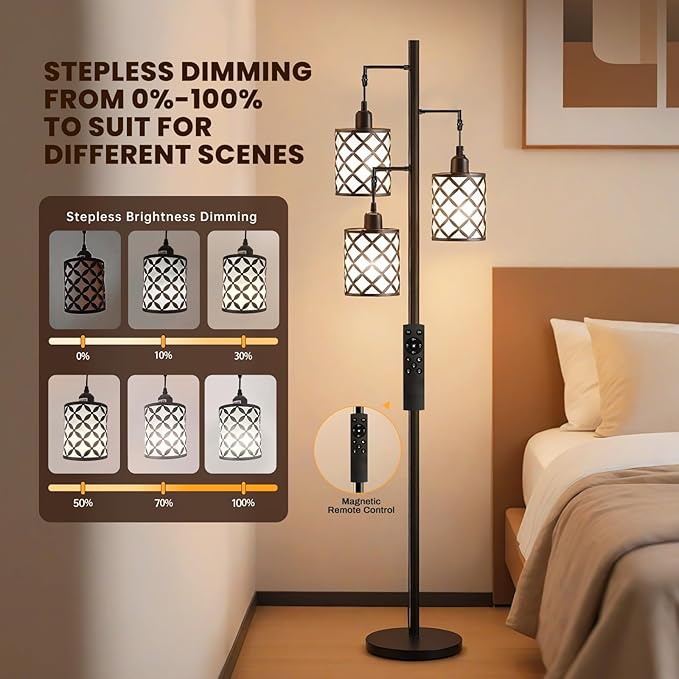 New Upgraded 72" Tall Dimmable Floor Lamp, 3 x 800LM 9W LED Bulbs Included, Farmhouse Standing Lamp with Remote Control, Industrial Tree Pole Floor Lamps for Living Room, Bedroom, Study Room - Black