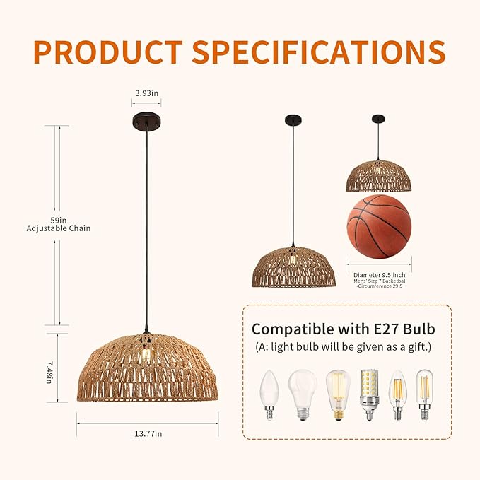 14''Natural Rattan Chandelier Small Rattan Pendant Light -Farmhouse Boho Hanging Light with Included E27 Bulb, 120V Wicker Chandelier for Dining Room Bedroom Living Room Island