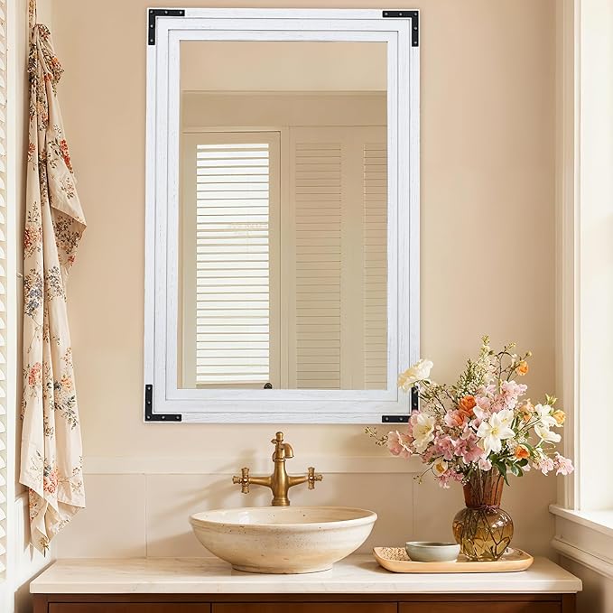 Full Length Mirror 36"x24" Solid Wood Frame Floor Standing Mirror, Hanging or Leaning Wall-Mounted for Living Room, Bedroom, Rustic White