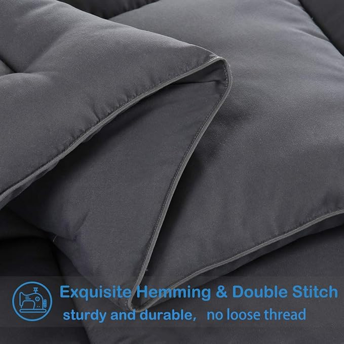 EASELAND Full Size Down Alternative Comforter - Quilted Duvet Insert for All Seasons, Soft Lightweight with Corner Tabs, Summer Winter Warm Bedding, Dark Grey 82×86 Inches