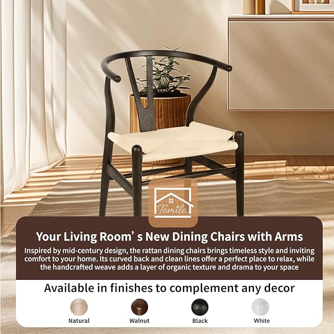 Tomile Wishbone Chair Y Chair, Wooden Dining Chairs Set of 2, Mid Century Modern Chairs with Arms, Solid Wood Weave Seat Kitchen & Dining Room Chairs (Ash Wood-Black Frame + Natural Cord)