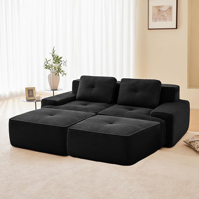 80" Modern Corduroy Boneless Love Seat Couches with 2 Ottomans, 2 Seater Large Sectional Couches for Living Room, Black Cloud Modular Sectional Sofa, Memory Foam, Extra Deep Loveseat, No Assembly