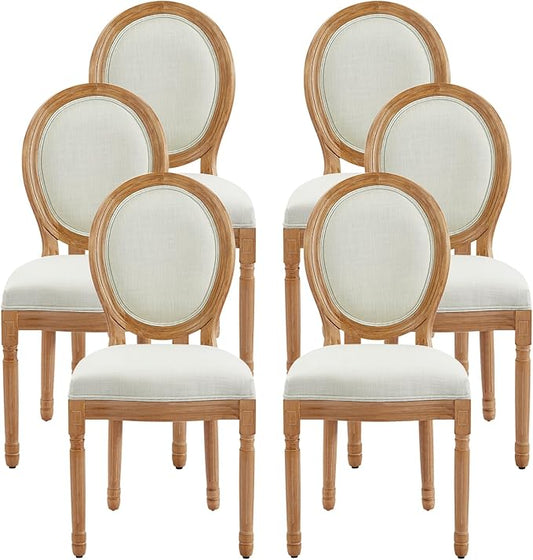 Nrizc French Dining Chairs Set of 6, French Country Dining Chair, Vintage Farmhouse Dining Chairs with Round Back, Solid Wood Beige Fabric Dining Room Chairs, for Kitchen, Bedroom, Dining Room