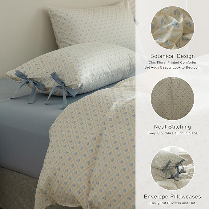 EAVD Boho Floral Comforter Set King Soft Fluffy Microfiber Chic Shabby Blue Floral Bedding Comforter Set 1 King Comforter and 2 Pillowcases Reversible Botanical Comforter Set for All-Season