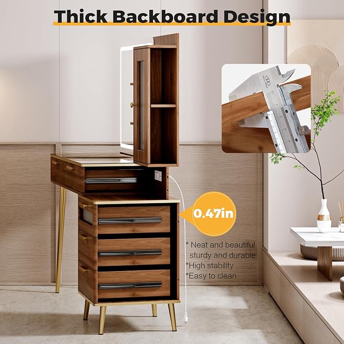 Vanity Desk with 29.53" HD Lighted Mirror, 47.24" Big Modern Vanity Desk with Mirror and Lights, Makeup Vanity with 5 Drawers and Storage Shelves and Charging Station,Brown