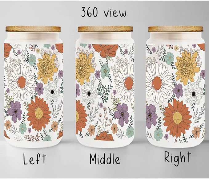 Floral Daisy Iced Glass Cups with Bamboo Lids and Straws 16oz Wildflower Gift for Women Cute Flower Drinking Glass with Cleaning Brushes, Flower Gifts for Mother Birthday Bridesmaid Party