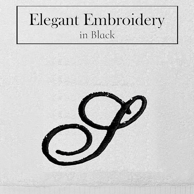 White Monogrammed Hand Towels for Bathroom - Luxury Hotel Quality Personalized Initial Embroidered Towel for Powder Room, Spa - GOTS Organic Certified - Pack of 2 Black, Letter S
