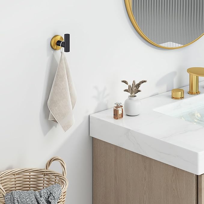Angle Simple Towel Hook Black & Gold, Stainless Steel Bathroom Towel Holder, Round Clothing Robe Hook Wall Mount