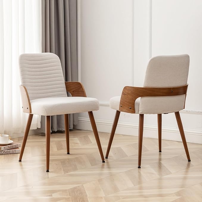 Dining Room Chairs Set of 2,Mid Century Modern Kitchen Chairs,Upholstered Beige Fabric Accent Chairs,Metal Legs Wooden Desk Chairs Armless and No Wheels for Kitchen Dining Living Room