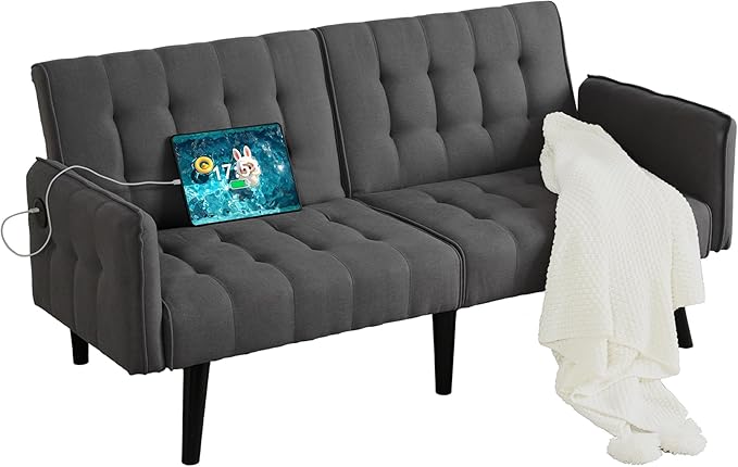 TYBOATLE 65“ Convertible Futon Sofa Bed w/ 2 USB, Upholstered Tufted Small Adjustable Folding Couch Loveseat, Modern Mid Century Sleeper Sofa for Living Room, Bedroom, Apartment, Office (Dark Grey)