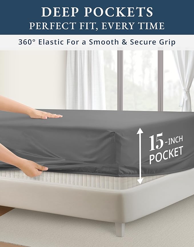 LANE LINEN 100% Egyptian Cotton Luxury Bedding Queen Sheet Set, Fade Resistant, No Pill, Naturally Cooling, Soft & Comfy Silky Smotth Sateen Weave Sheets - Charcol Gray