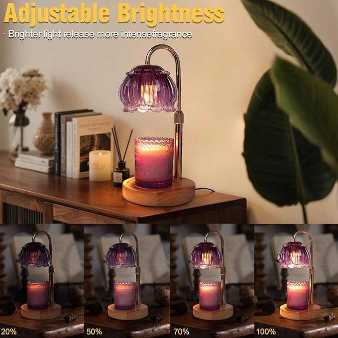 Candle Warmer Lamp with Timer,2 Bulbs, Wood Base and Adjustable Height Flower Candle Warmer Lamp for All Jar Candles, House Warming Decor Gifts, French Gold (Flowers)