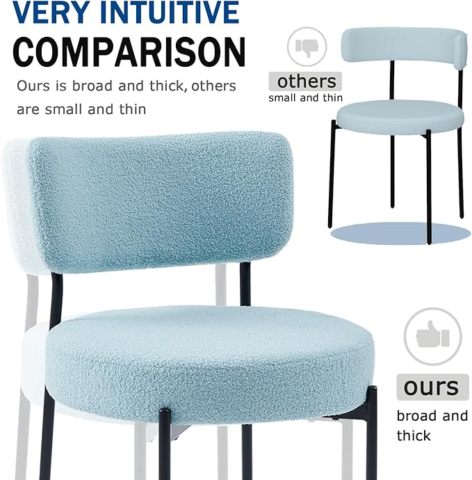 Blue Boucle Dining Chairs Set of 4, Upholstered Dinner Chair with Metal Frame, Dining Room Chairs with Padded Seat, Round Modern Seating for Living Room
