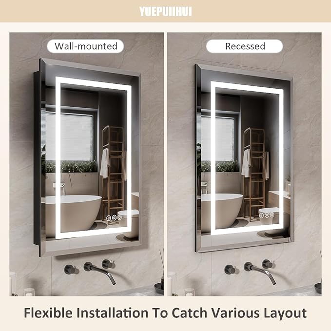 20X30 Inch Recessed Lighted Medicine Cabinet with Mirror, Adjustable 3-Color LED Mirrored Medicine Cabinet with Brightness Dimming, Defogger, Bathroom Mirror with Storage