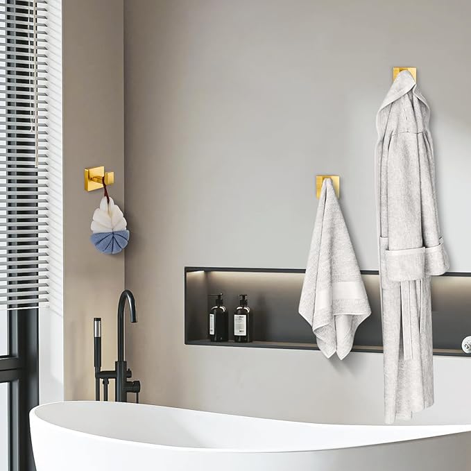 Brushed Gold Towel Hooks for Bathrooms, Heavy Duty Wall Mounted Stainless Steel Modern Hook, 4 Pack – Ideal for Hanging Towels, Robes, Coats, in Kitchen, Bedroom, Bathroom, or Hotel