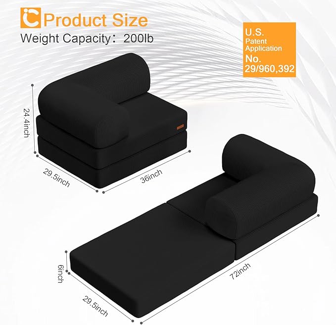 COMAX Folding Sofa Bed, Fold Out Chair Bed, Foldable Sofa, Convertible Sleeper for Adults, Futon Chair Single Small Floor Couch for Spaces, Bedroom Living Room Guest Room, Black