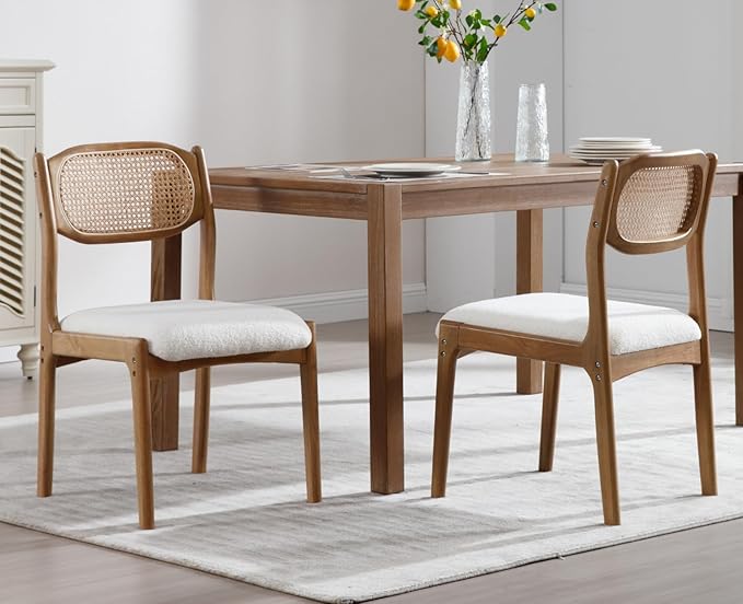 EALSON Farmhouse Rattan Dining Chairs Set of 2 Modern Mid Century Wood Dining Room Chairs with Cane Back Upholstered Sherpa Boucle Kitchen Side Chairs for Living Dining Room,Cream