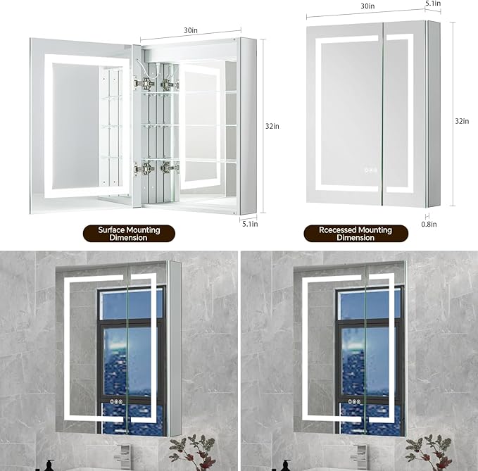 30 x 32 LED Lighted Medicine Cabinet with Lights, Recessed or Surface Wall Mount Medicine Cabinet Mirror for Bathroom with Storage, Outlets & USB, Tempered Glass, 3-Color Dimming, Adjustable Shelf