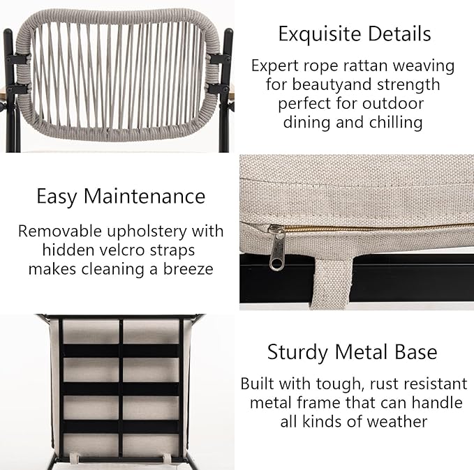 Outdoor Dining Chairs Set of 6, Wicker Patio Dining Chairs with Removable Cushions, Rectangle Patio Table Chair, All Weather Outdoor Chairs, Metal Lawn Chair for Adults/Indoor/Deck, Beige