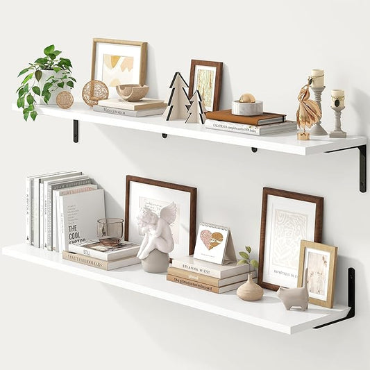 Fun Memories Deep Floating Shelves, 48W x 8D Floating Shelves Set of 2, Wall Mounted Shelf with Metal Brackets, Rustic Wood Wall Shelf for Bathroom, Kitchen and Living Room, White