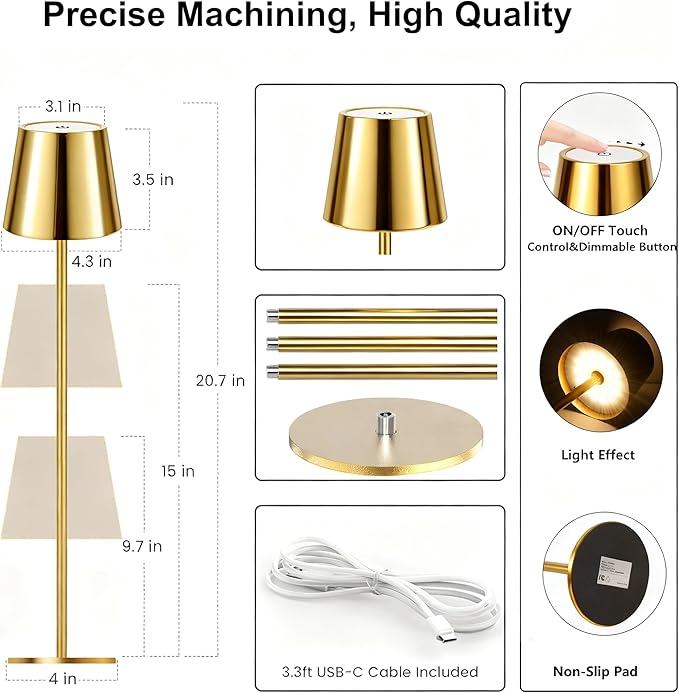 2 Pack Gold Cordless Table Lamp Rechargeable, Metal Small Bedside Table Lamp with 3 Adjustable Pole, 5400mAh Battery Operated Touch Lamp for Bedroom Kitchen Dining Waterproof & Portable
