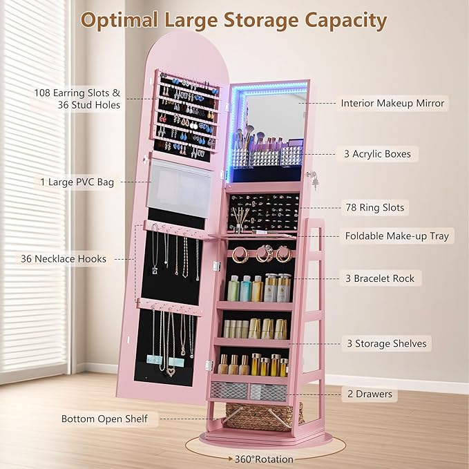 HWB Arched Mirror Jewelry Cabinet with Storage, LED Jewelry Armoire w/Full Length Mirror & 360° Swivel, Standing Jewelry Holder Organizer with Rear Storage Shelves & Hooks, Lockable (Pink)