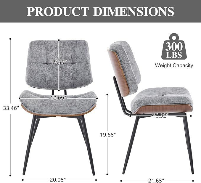 Dining Chairs Set of 6,Mid Century Modern Kitchen Chairs with Walnut Bentwood Back and Metal Legs,Upholstered Fabric Dining Room Chairs for Kitchen, Living Room,Grey