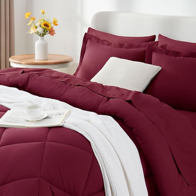 CozyLux King Size Comforter Set Burgundy - 7 Pieces Bed in a Bag King, Luxury Soft Bed Set for All Seasons, Bedding Set with Down Alternative Comforter, Sheets, Pillowcases & Shams
