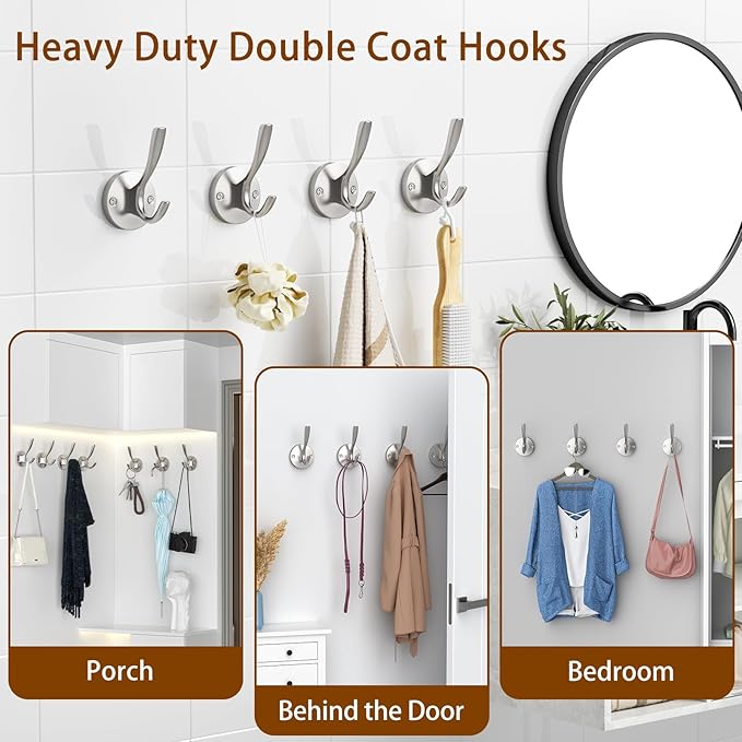 ZUONAI Towel Hooks for Bathrooms Silver Wall Hooks 2 Pack Brushed Nickel Coat Hooks Heavy Duty Towel Wall Hooks for Coats Robes Hats Bath Entryway Cubicle Kitchen Screw in Brushed Nickel Towel Hooks