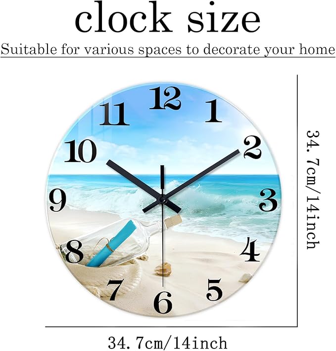 XNM Coastal Blue Clock for Kitchen 14 Inch Glass Analog Wall Clocks Battery Operated Round Silent Wall Clock Non Ticking