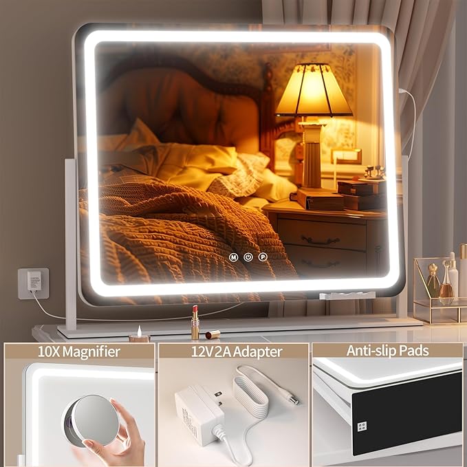 Hasipu Vanity Mirror with Lights, 25" x 21" LED Makeup Mirror, Light up Mirror with 10X Magnification and Phone Holder, USB Charging Port, Smart Touch 3 Colors Dimmable, 360° Rotation (White)