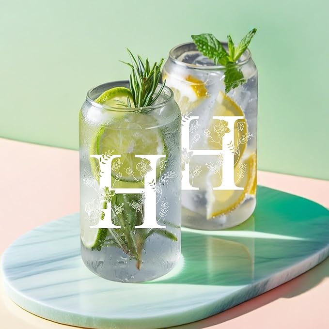 Unique Initial Glass Cup with Lids and Straws, Monogrammed Gifts Box Included Makeup Bag, Christmas Birthday Gifts for Women Mom Sister Grandma, H