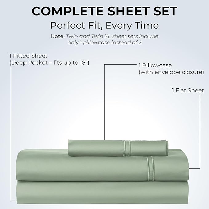 100% Natural Cotton Bed Sheets | 500 TC Single-Ply Sateen Weave Twin XL Sheets | Soft, Breathable, Hypoallergenic Solid 3-Piece Bedding with Deep Pocket Fitted, Flat, Pillowcase | Sage