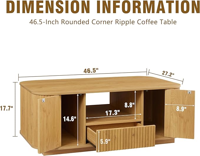 Coffee Table for Living Room, 46.5 Inch Modern Oval Coffee Table with Storage & 2 Drawers, Mid-Century Minimalist Wood Center Table with Hidden Compartments, Adjustable Feet (Black)