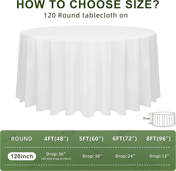 10 Pack 120 Inch Round Tablecloth, Stain and Wrinkle Resistant Polyester White Table Cloth, Washable Decorative Round Table Cover for Dining, Buffet Parties & Wedding