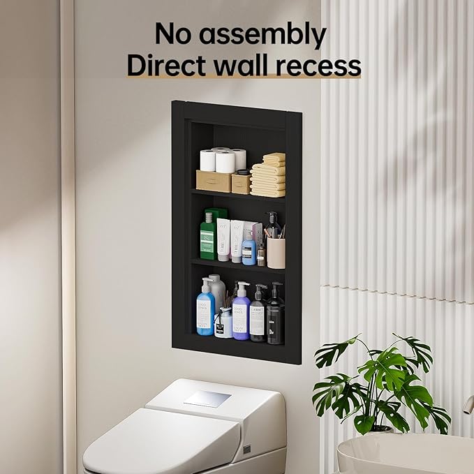 Recessed Medicine Cabinet,14x24 Recessed Wall Niche Medicine Cabinet Replacement, Water-Proof Wood Wall Niche for Bathroom/Hallway, Black
