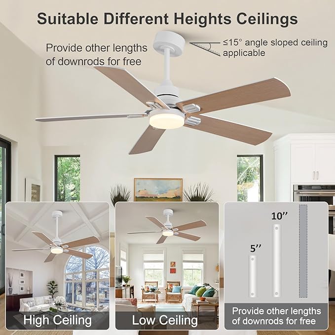 BOOMJOY Ceiling Fan, 52 Inch Modern White with LED Light, Indoor/Outdoor, Quiet Reversible DC Motor, 5 Blades, Remote Control, Suitable for Living Room, Patio, Bedroom