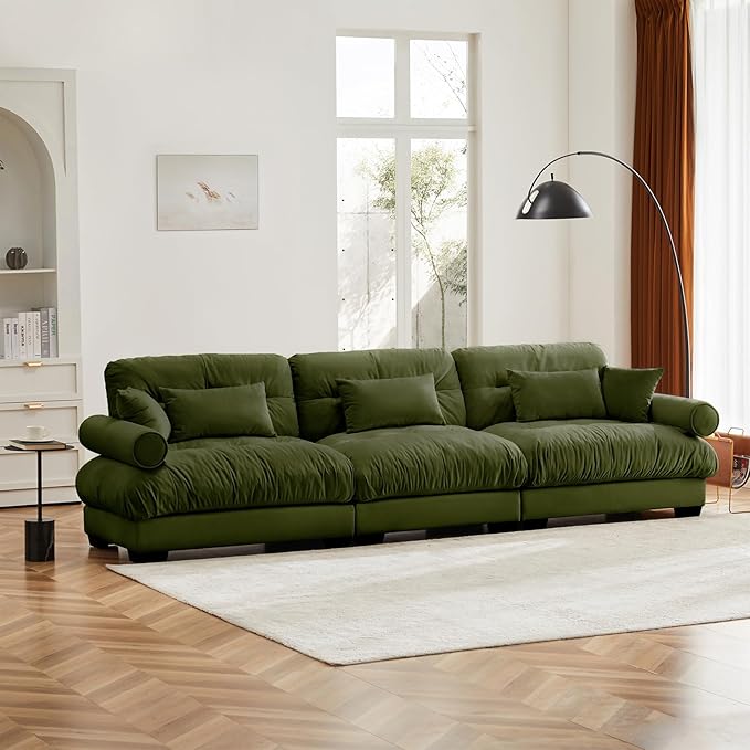 166" Oversized Couch, 4 Seater Modular Sectional Sofa, Olive Large Sectional Couches for Living Room, 4 Seater Velvet Fluffy Cloud Couch Set with 6 Pillows, Deep Seat Sofas for Living Room