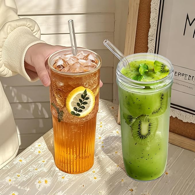 32oz Ribbed Glassware Large Cup, Glass Cups With Lids And Straws,Iced Coffee Cups With Lids,Glasses Drinking Set,Cute Cups,Boba Cup,With Straw Brush,Ideal Gift-2PCS