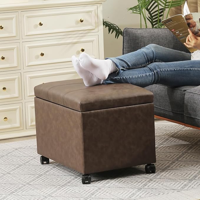 Joveco 24" Linen Storage Ottoman Bench with Wheels, Rectangle Foot Rest Stool for Living Room, Bedroom, Entryway, Earthy Light Brown Veining