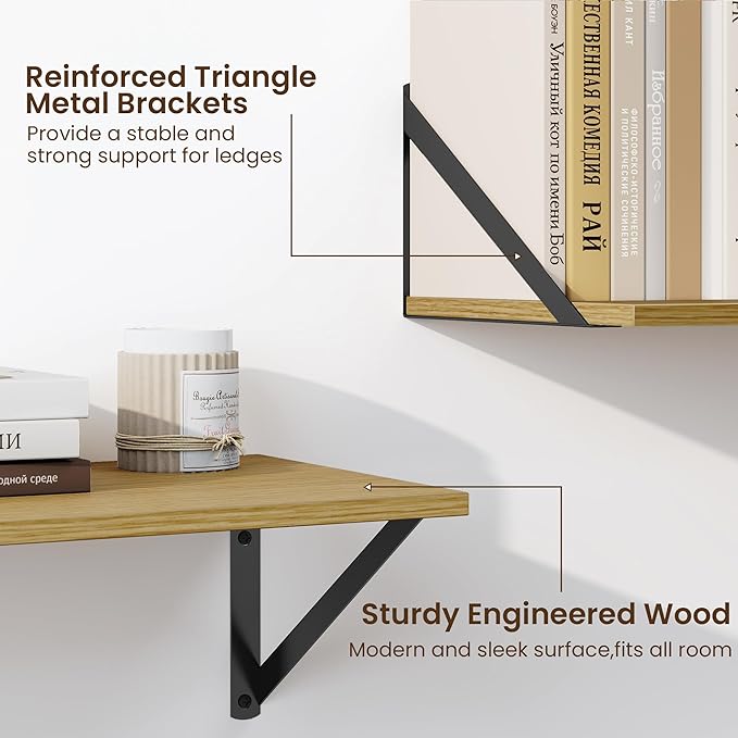 Fun Memories Deep Floating Shelves for Wall, 24W x 8D Wall Mounted Shelves Set of 2, Wide Display Ledge Shelf with Sturdy Metal Brackets for Living Room, Bathroom, Bedroom and Kitchen, Oak