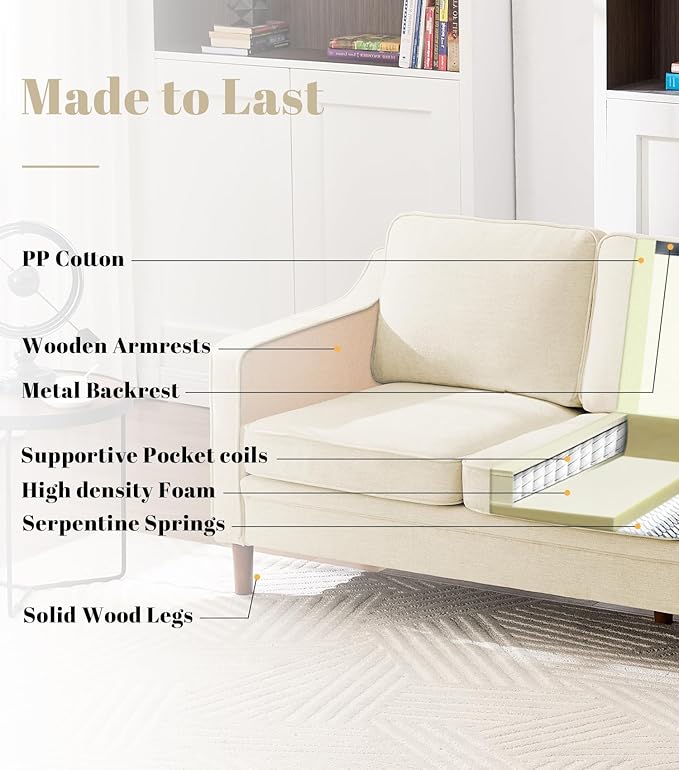 Kingfun Living Room Furniture Sets, 3 Seater Couch, Armchair and Loveseat, Mid Century Modern Sofa Set, Chenille Couch with Solid Wood Frame for Living Room & Bedroom, Beige