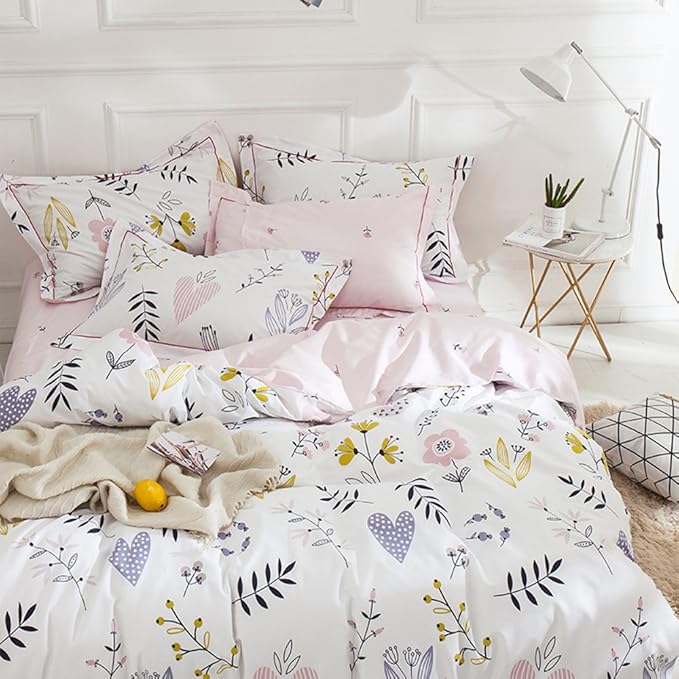 Girls Floral Duvet Cover King Boho White Pink Floral Bedding Sets Cotton Aesthetic Floral Comforter Cover Chic Flower Branches Bedding Sets Garden Style Pink Floral King Duvet Cover with 2 Pillowcases