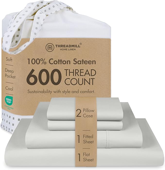 Threadmill 100% Cotton Sheets for Full Size Bed - 600 Thread Count Full Bed Sheets Set with 16” Deep Pocket - Sateen Weave 4-Piece Bedding Set with Cooling Effect, Light Grey