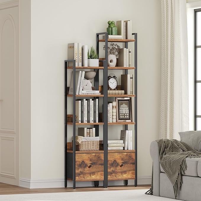 Bookshelf, 5-Tier Bookcase with Drawer, Small Book Shelf for Small Space, Storage Shelf Organizer, for Living Room, Bedroom, Study, Kitchen, Rustic Brown and Black BKHR55101