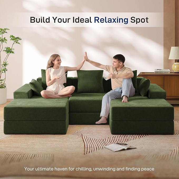Living&Giving 101" U-Shaped Cloud Sectional Couch for Living Room, Cloud Boneless Couch-No Assembly with Reversible Chaise, Customizable 3-Seat Modular Sectional Sofa with 2 Ottoman, Green