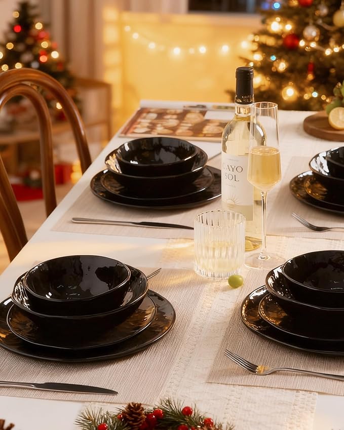 Famiware Porcelain kitchen plates and bowls set, Modern dishes set for 6, Handmade Wave Edge Dinnerware Sets, Microwave and Dishwasher Safe Tableware, Glossy-black (24pc)