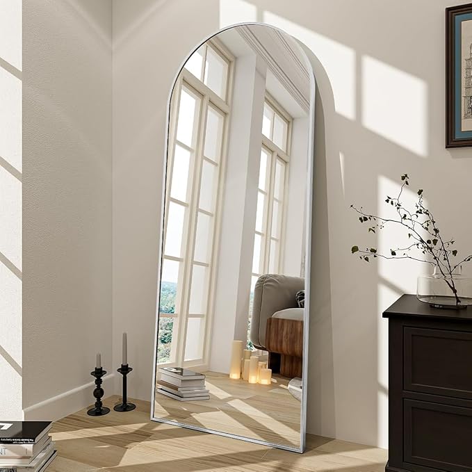 BEAUTYPEAK 65"x24" Arch Full Body Floor Mirror, Full Length Mirror Hanging or Leaning Arched-Top, Wall Mirrors with Stand for Bedroom, Dressing Room, Silver